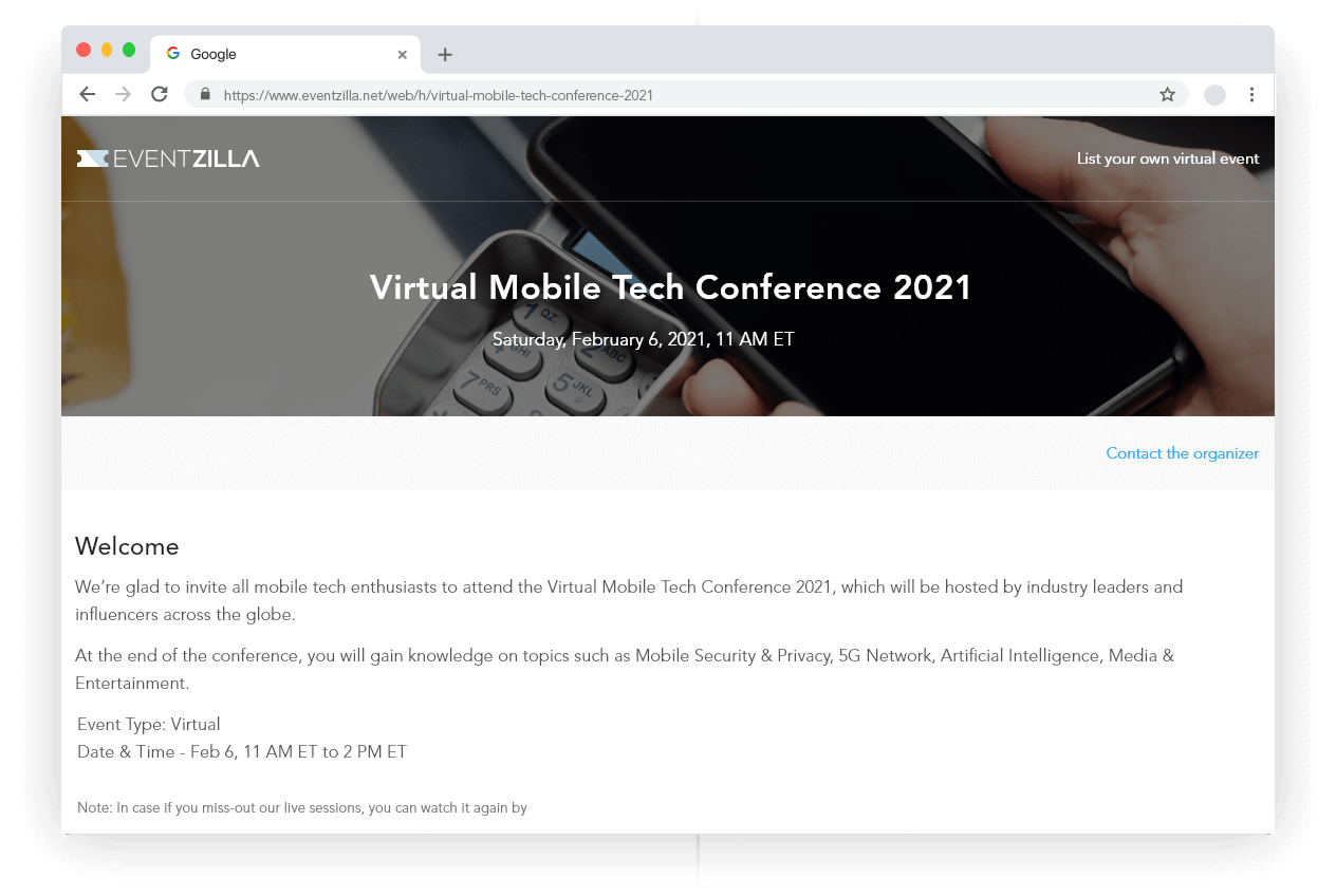 Virtual event hub page